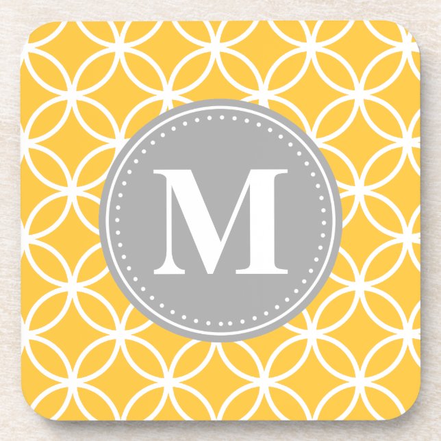 Sunflower Yellow Geometric Circles Grey Monogram Coaster (Front)