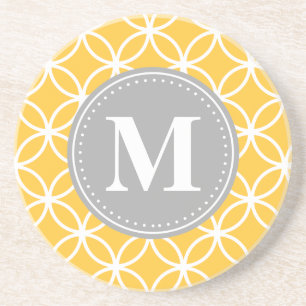Sunflower Yellow Geometric Circles Grey Monogram Coaster