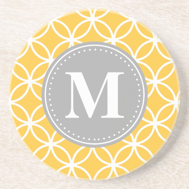 Sunflower Yellow Geometric Circles Grey Monogram Coaster (Front)