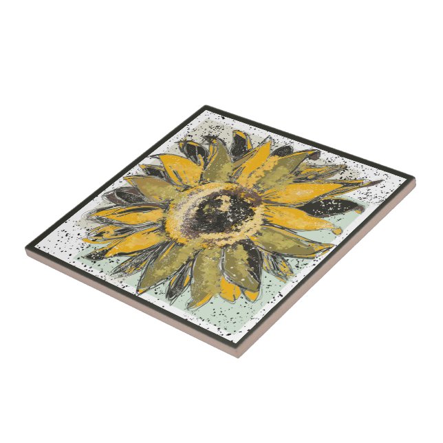Sunflower Yellow Green Black Watercolor Style Art Ceramic Tile (Side)