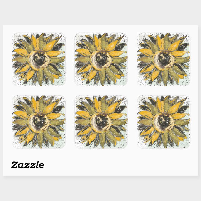 Sunflower Yellow Green Black Watercolor Style Art Square Sticker (Sheet)