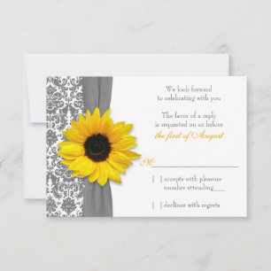 Sunflower Yellow Grey Damask Wedding RSVP Reply Card