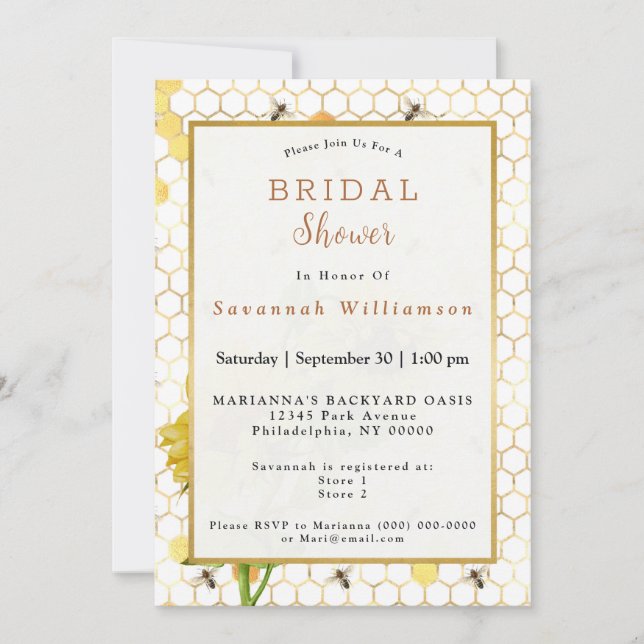 Sunflower Yellow Honeycomb Bees Gold Bridal Shower Invitation (Front)