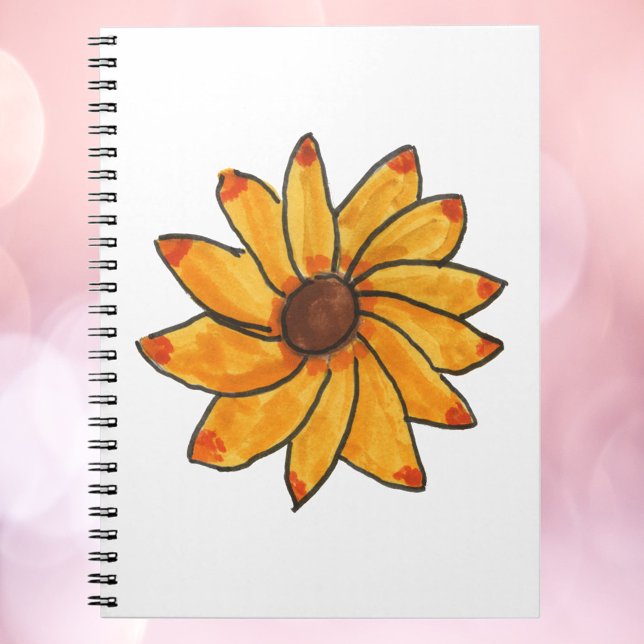 Sunflower Yellow Ink Hand Drawn Notebook (A notebook with a hand drawn sunflower with red and orange tips.)