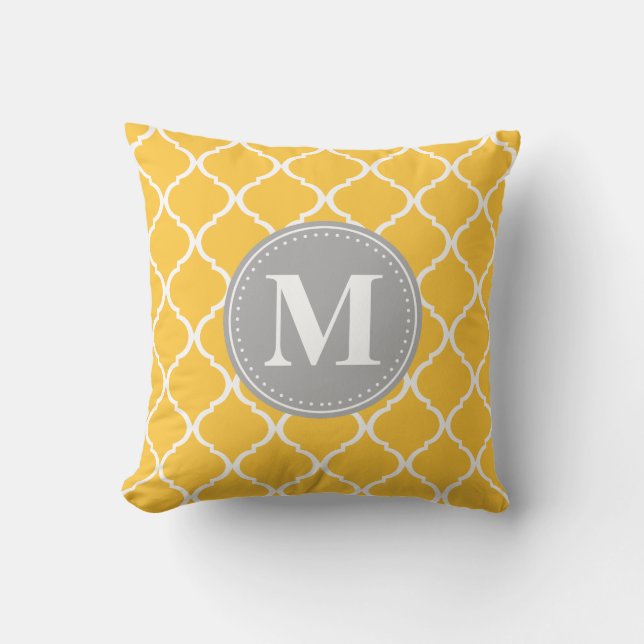 Sunflower Yellow Moroccan Lattice Grey Monogram Cushion (Front)