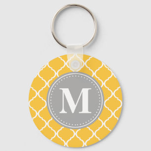 Sunflower Yellow Moroccan Lattice Grey Monogram Key Ring