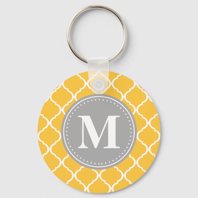 Sunflower Yellow Moroccan Lattice Grey Monogram Key Ring (Front)