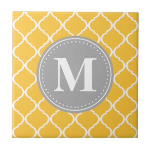 Sunflower Yellow Moroccan Lattice Grey Monogram Tile