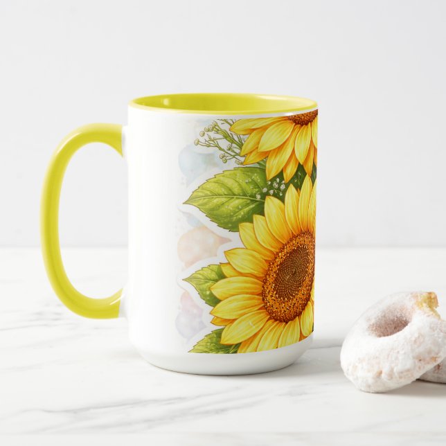 Sunflower Yellow Mug – Floral Gift for Her (With Donut)