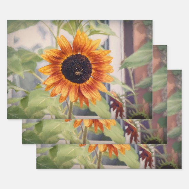 Sunflower Yellow Orange Bee Garden Decoupage Wrapping Paper Sheet (Set)