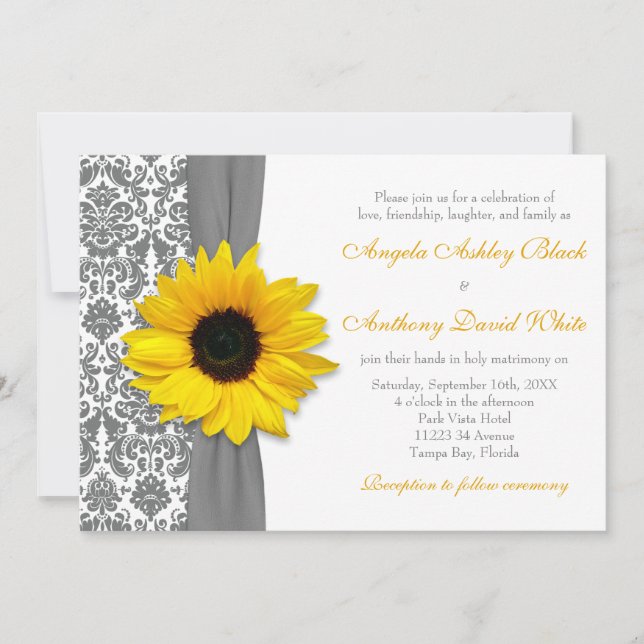 Sunflower Yellow Pewter Grey White Damask Wedding Invitation (Front)