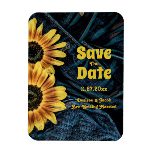 Sunflower Yellow Rustic Blue Denim Save The Date Magnet