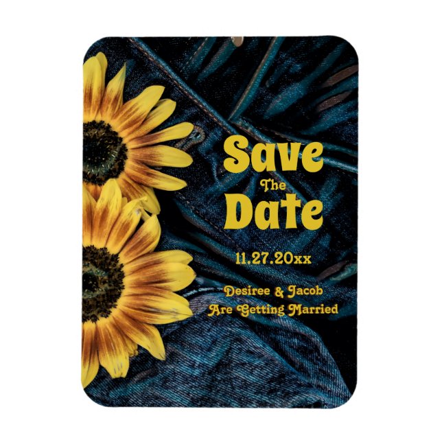 Sunflower Yellow Rustic Blue Denim Save The Date Magnet (Vertical)