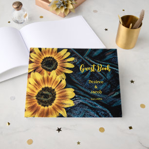 Sunflower Yellow Rustic Denim Blue Jeans Wedding Guest Book