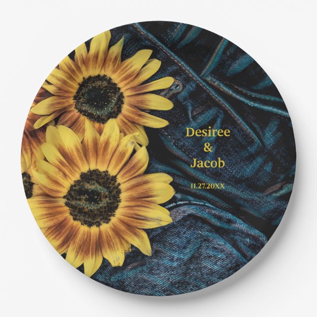 Sunflower Yellow Rustic Denim Blue Jeans Wedding Paper Plate (Front)