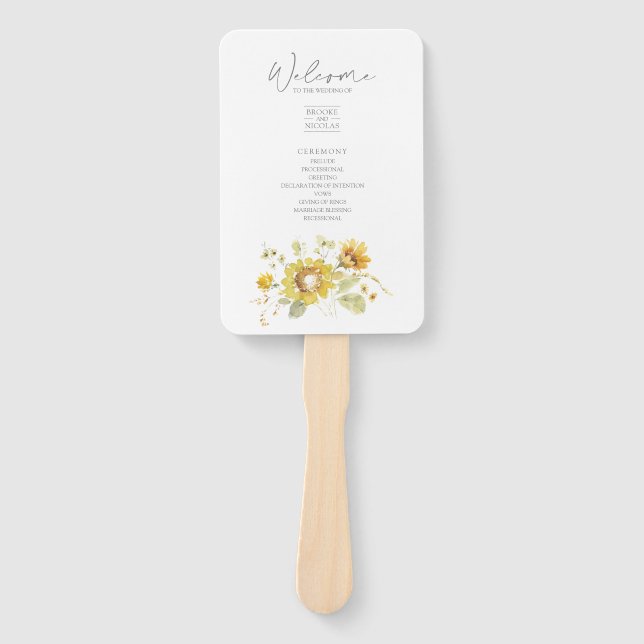 Sunflower Yellow Rustic Wedding Program Hand Fan (Front)