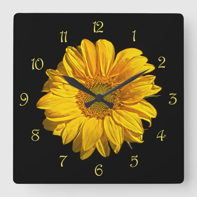 Sunflower Yellow Script Numbers wcnm Square Wall Clock (Front)