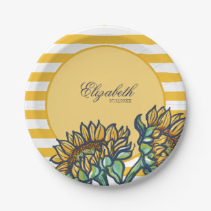 Sunflower Yellow Summer Stripes Birthday Tableware Paper Plate