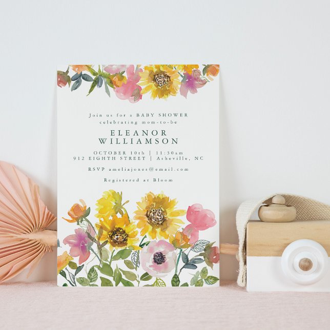 Sunflower Yellow Watercolor Floral Baby Shower Invitation (Creator Uploaded)