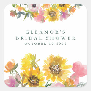 Sunflower Yellow Watercolor Floral Bridal Shower  Square Sticker