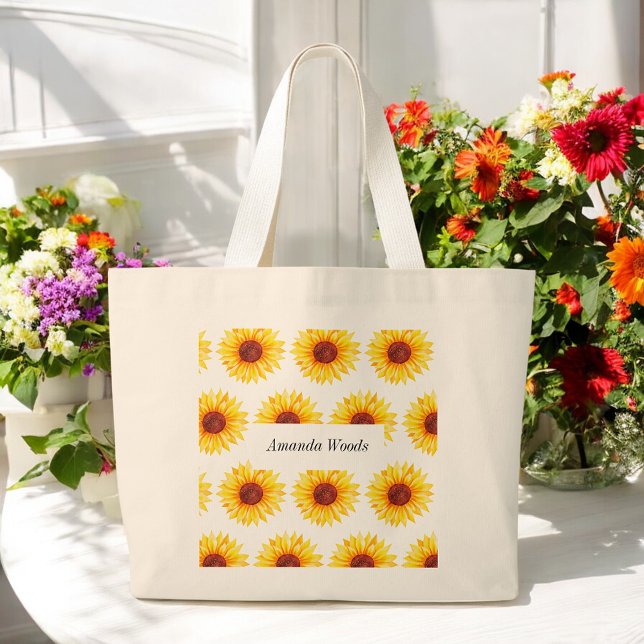 Sunflower Yellow White Floral Large Tote Bag (Creator Uploaded)