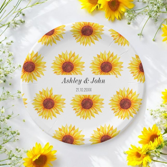 Sunflower Yellow White Wedding Floral  Paper Plate (Creator Uploaded)