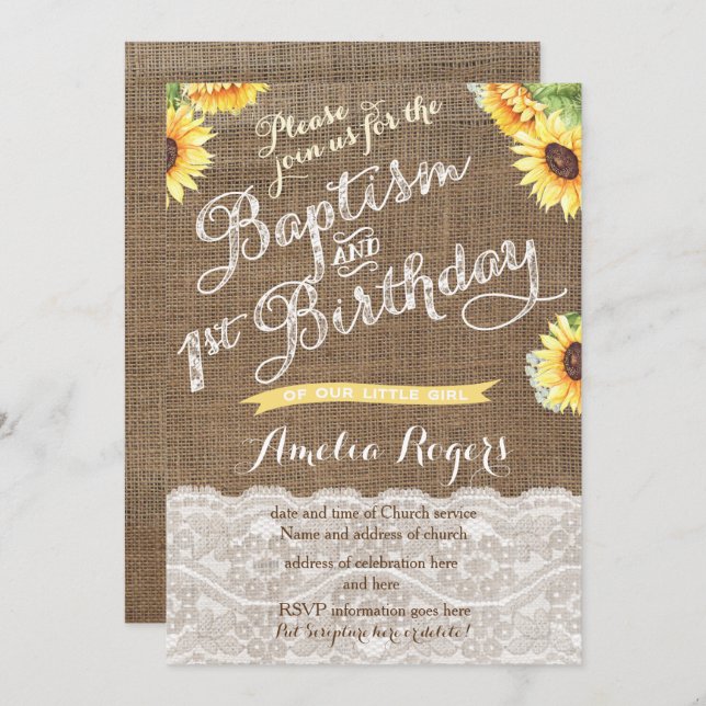 Sunflowers 1st Birthday Baptism for little girl Invitation (Front/Back)