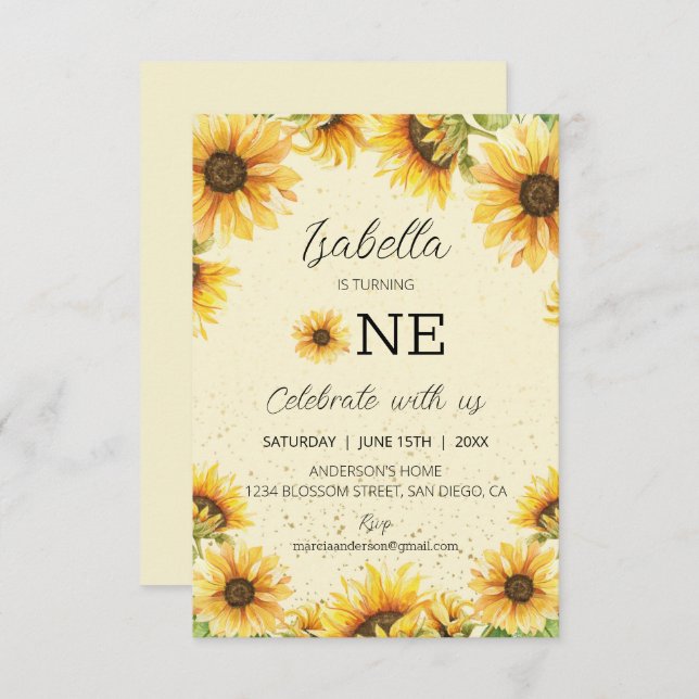 Sunflowers 1st Birthday Invitation (Front/Back)