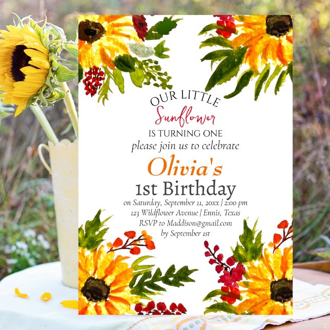 Sunflowers 1st First Birthday Girl Country Floral  Invitation (Creator Uploaded)