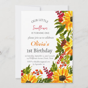 Sunflowers 1st First Birthday Girl Country Floral  Invitation