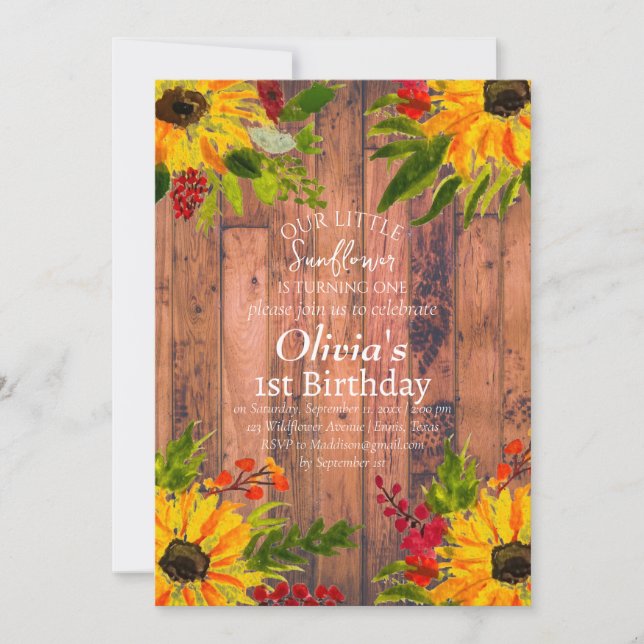 Sunflowers 1st First Birthday Girl Country Floral  Invitation (Front)