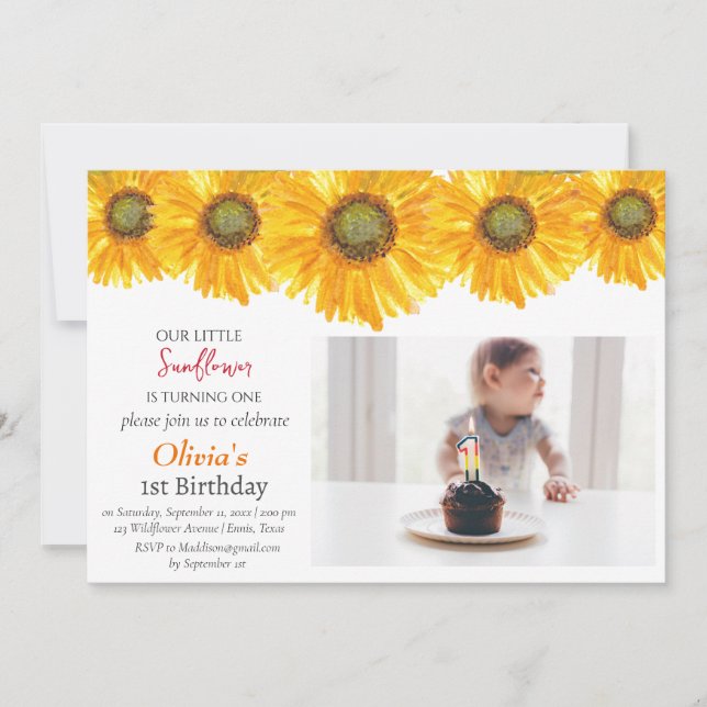 Sunflowers 1st First Birthday Girl Photo Floral  Invitation (Front)