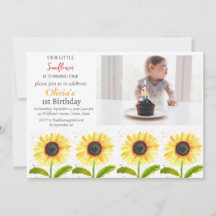 Sunflowers 1st First Birthday Girl Photo Floral  Invitation