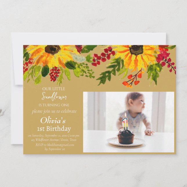 Sunflowers 1st First Birthday Girl Photo Floral  Invitation (Front)