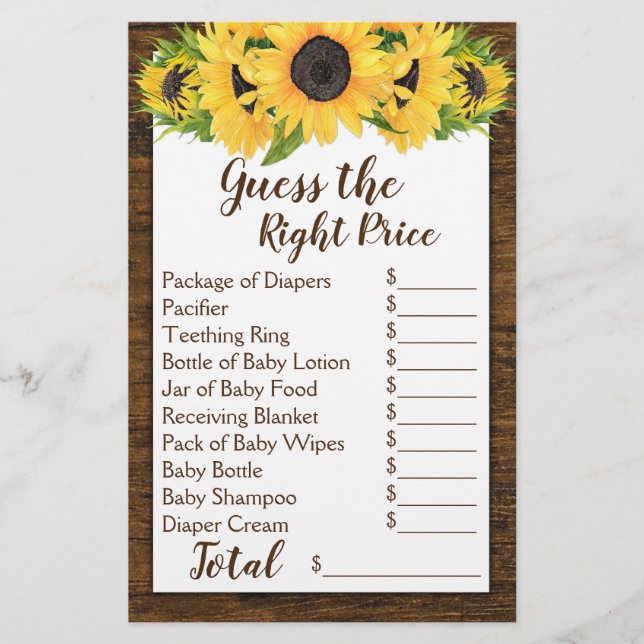 Sunflowers 2 Shower Games Guess Price & Baby Food (Front)