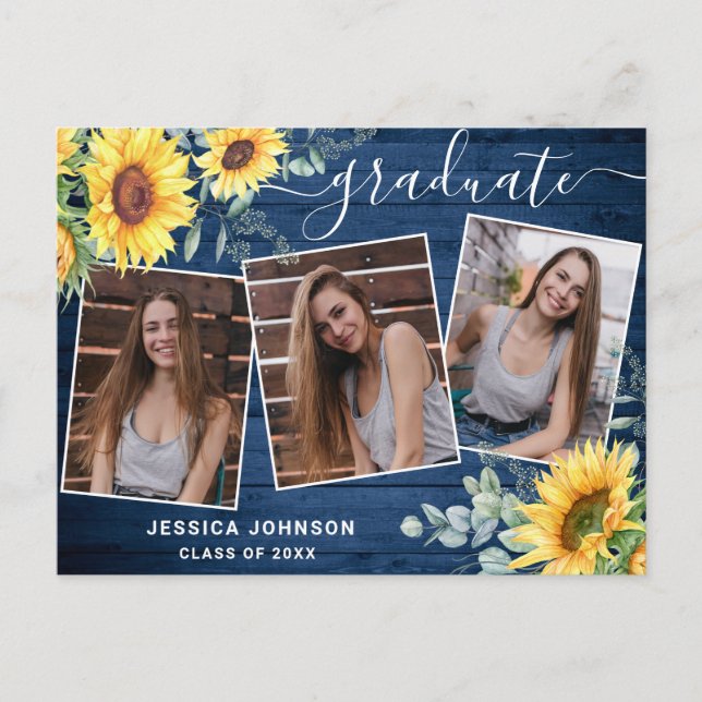 Sunflowers 3 PHOTO Graduation Party Invitation Postcard (Front)
