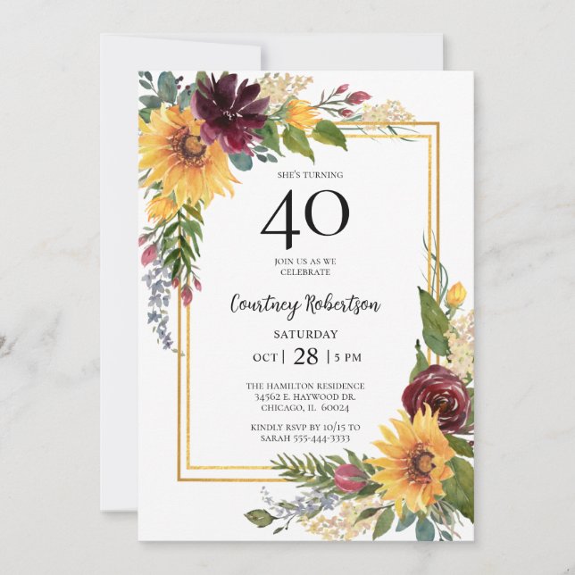 Sunflowers 40th Birthday Invitation (Front)