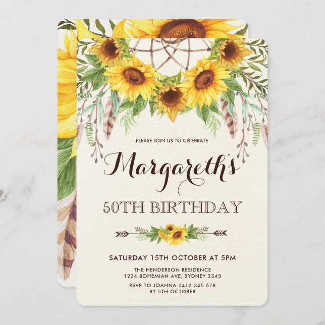 Sunflowers 50th Birthday Party Boho Feathers Invitation (Front/Back)