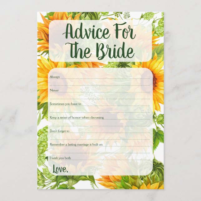 Sunflowers Advice For The Bride Shower Game (Front)