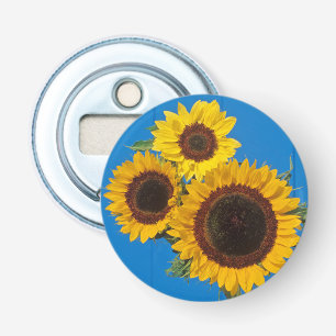 Sunflowers against blue fence bottle opener