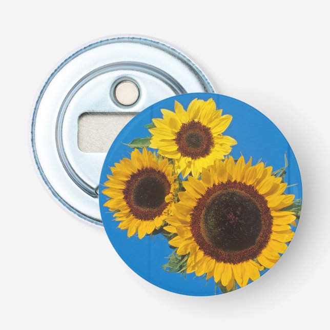 Sunflowers against blue fence bottle opener (Front)