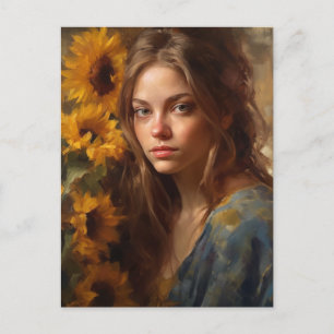 Sunflowers and a Blonde Woman Postcard