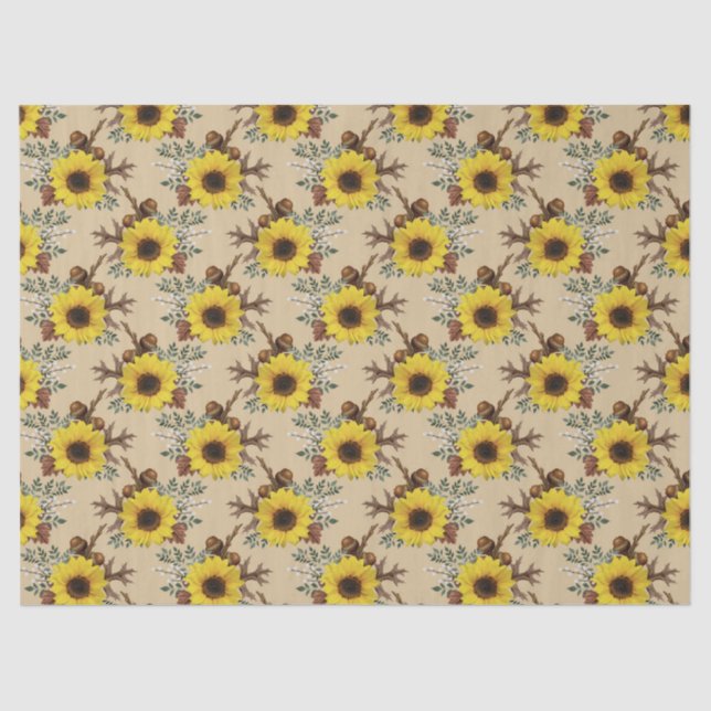 Sunflowers and Acorns on Tan Decoupage Tissue Paper (Front)