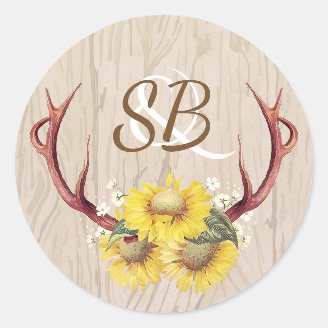 Sunflowers and Antlers Rustic Country Wedding Classic Round Sticker (Front)