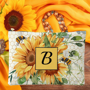 Sunflowers and bees monogram accessory pouch