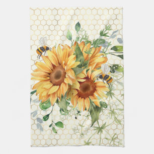Sunflowers and bees  tea towel