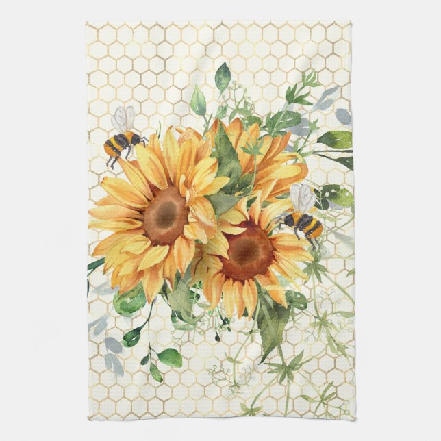 Sunflowers and bees  tea towel (Vertical)