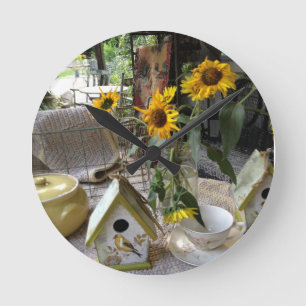 Sunflowers and Bird House Complete Autumn Display Round Clock