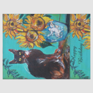 SUNFLOWERS AND BLACK CAT IN BLUE TEAL Birthday Tissue Paper