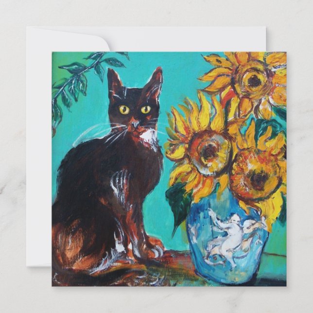 SUNFLOWERS AND BLACK CAT IN BLUE TEAL Summer Party Invitation (Front)